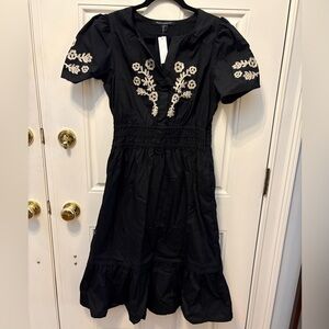 French Connection Black Dress with Cream Embroidery